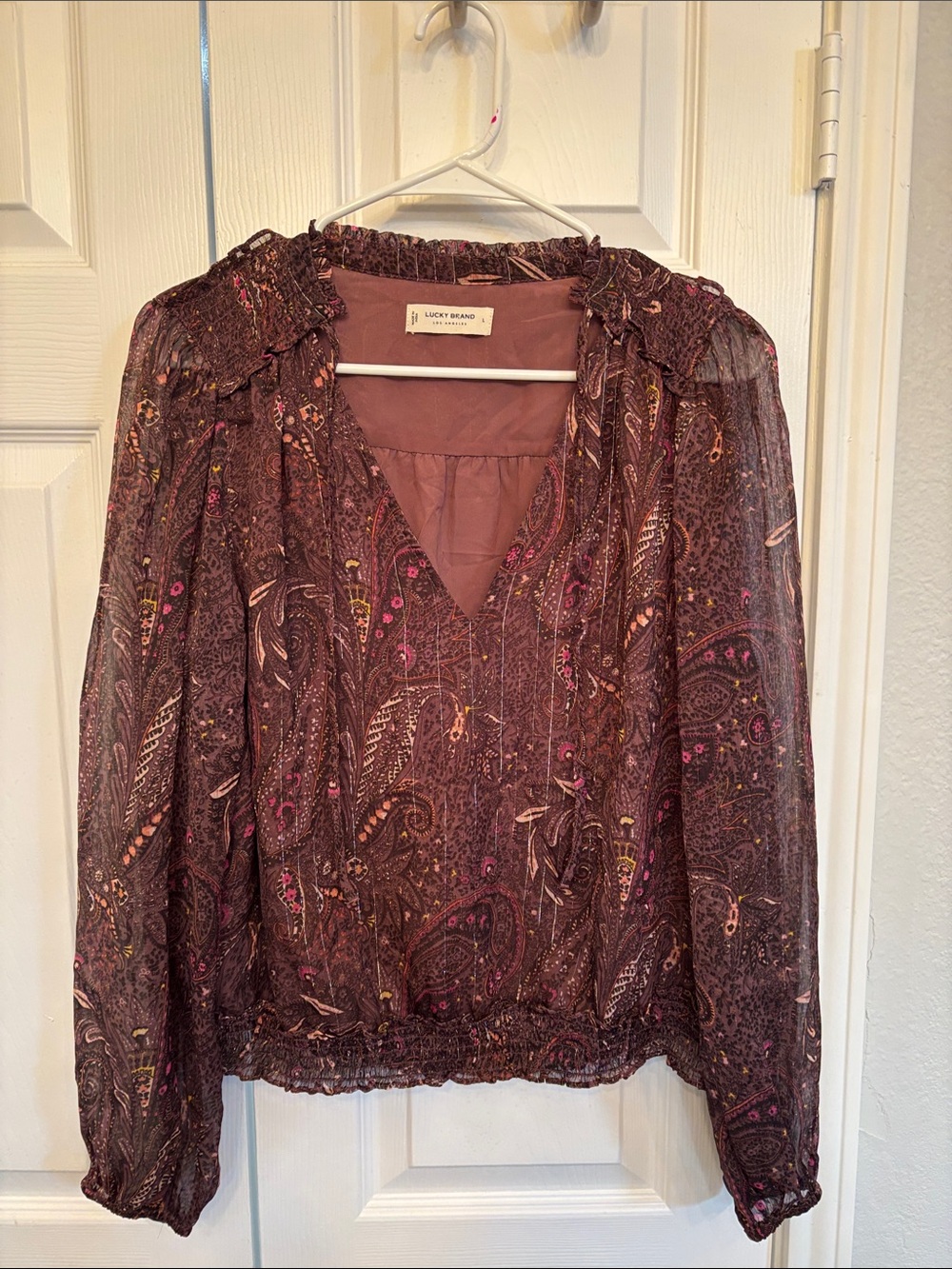 Lucky Brand Mauve Brown Paisley V-Neck Long Sleeve Blouse